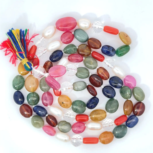Natural Navratan Mala – Handcrafted Necklace with 9 Certified Gemstones
