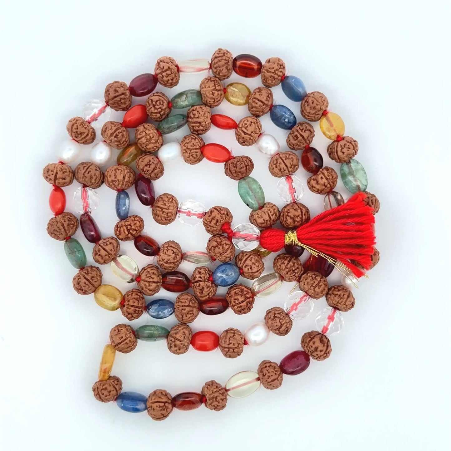 Natural Navratan with Rudraksha Mala – 9 Gemstones & 5 Mukhi Rudraksha Beads for Spiritual Balance & Energy