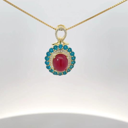 Dual-Stone Silver Pendant with Natural Ruby & Blue Topaz – 925 Sterling Silver | Elegant & Energized Design