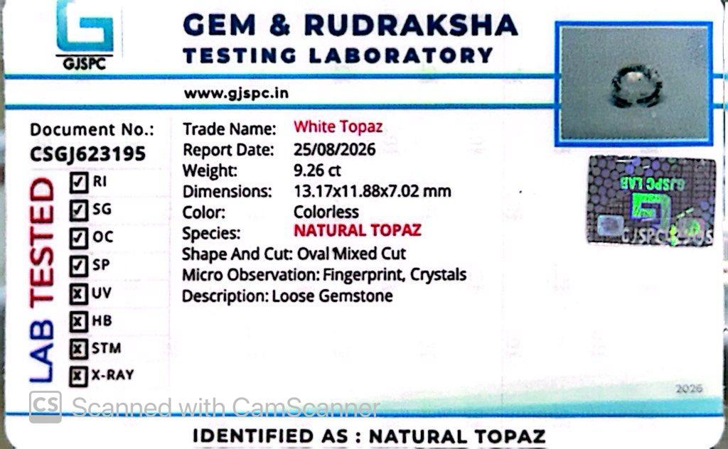 Natural White Topaz 9.26 Ct – Certified Gemstone