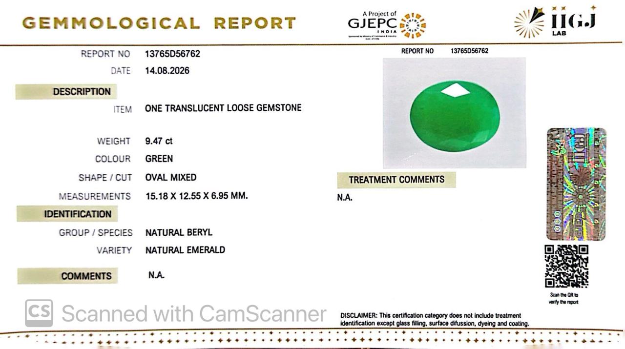 Natural Emerald (Panna) 9.47 Ct โ Certified Premium Gemstone