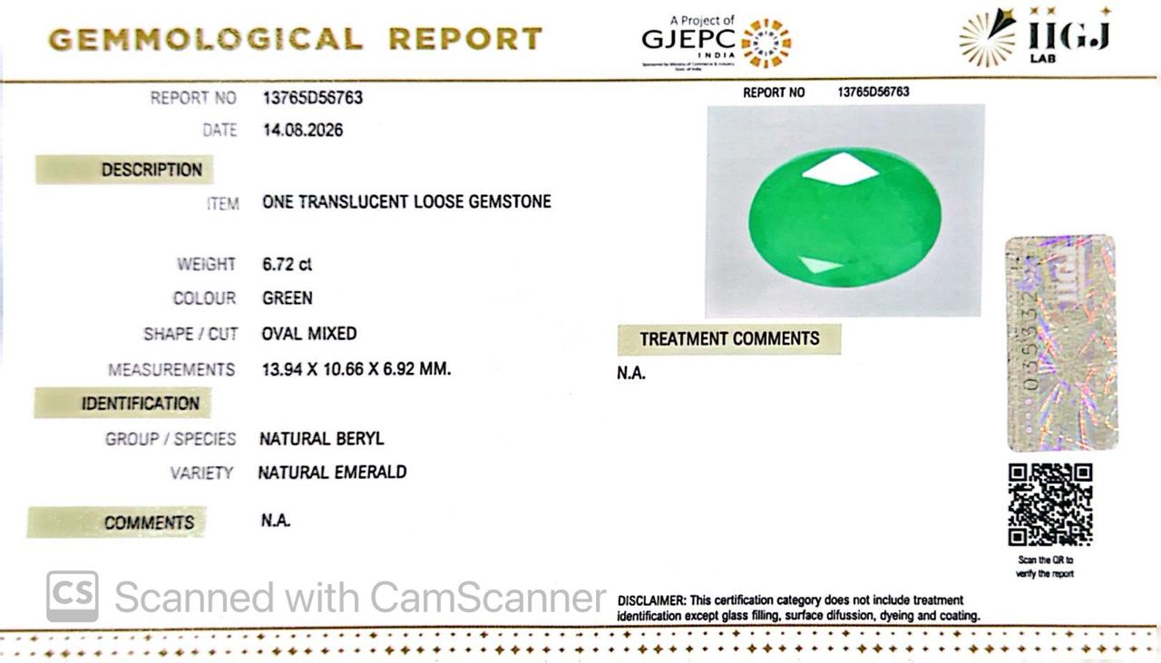 Natural Emerald (Panna) 6.72 Ct โ Certified Premium Gemstone