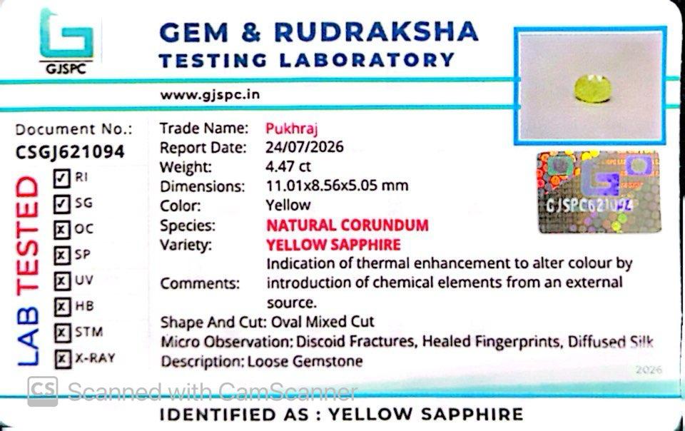 Natural Yellow Sapphire (Thailand) – Prosperity, Wisdom & Jupiter’s Blessing 4.47 CT