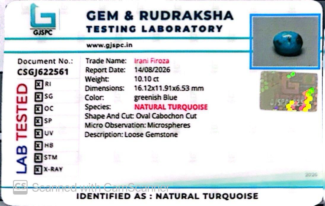 Natural Firoza (Turquoise) 10.10 CT – Certified Gemstone