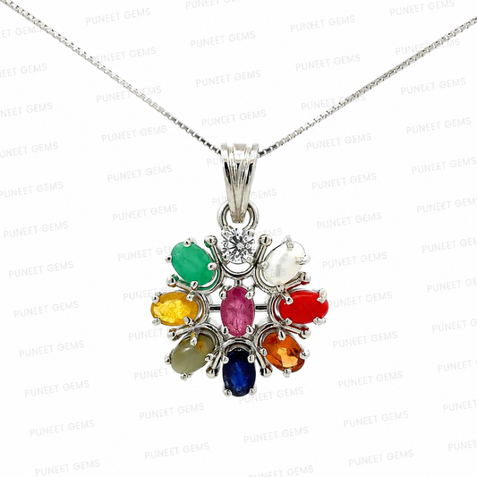Natural Navratan Silver Pendant – Nine Gems, One Powerful Symbol