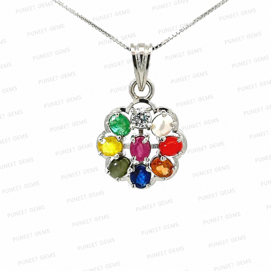 Natural Navratan Silver Pendant – Nine Gems, One Powerful Symbol