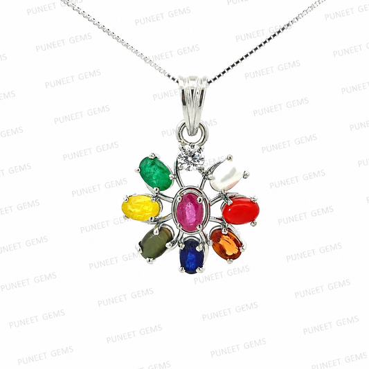 Natural Navratan Silver Pendant – Nine Gems, One Powerful Symbol