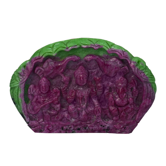 Natural Ruby Laxmi Ganesh Saraswati Ji with Peacock Back Figure 1261.83 CT