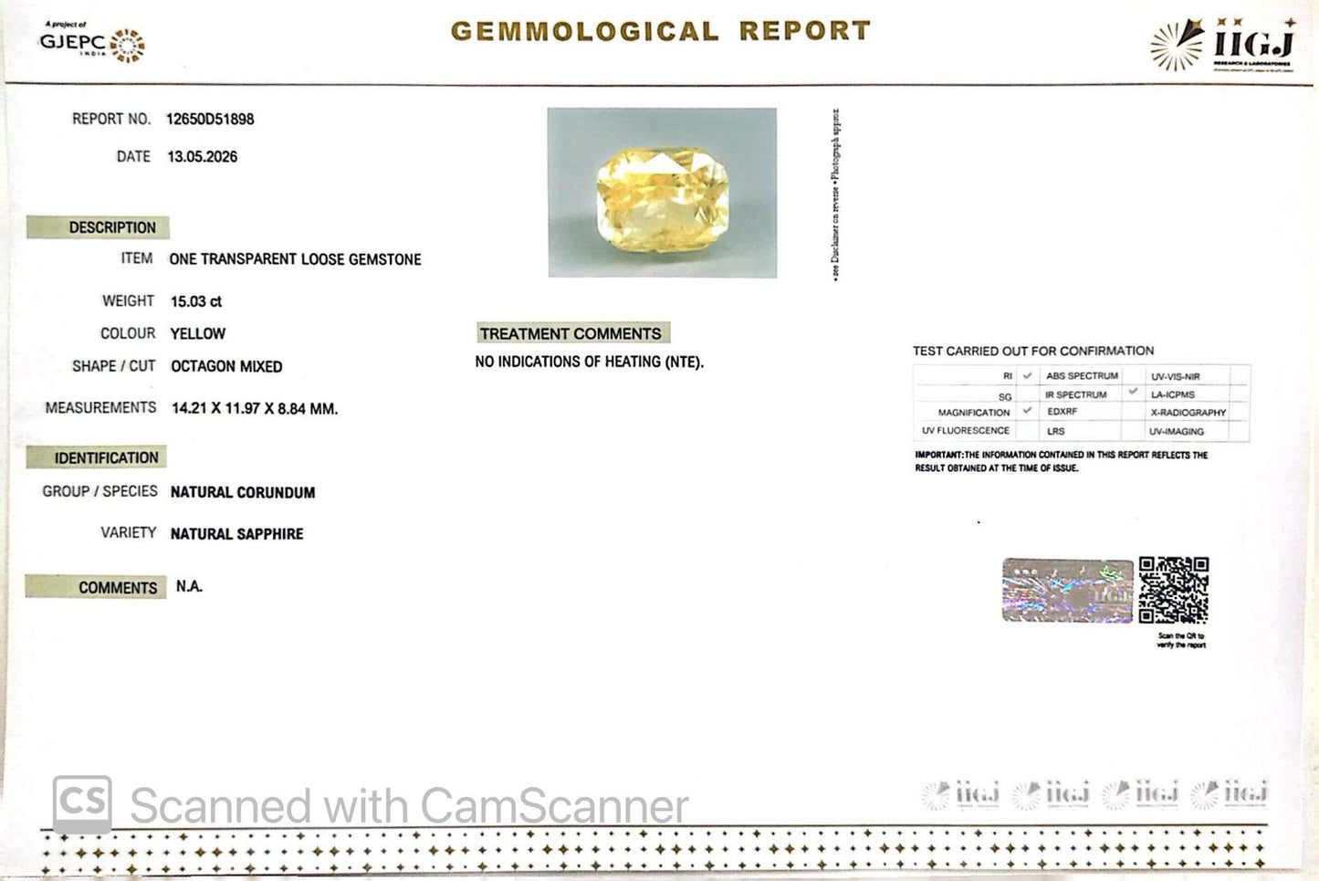 Natural Yellow Sapphire (Pukhraj) – Prosperity, Wisdom & Jupiter’s Blessing 15.03 CT