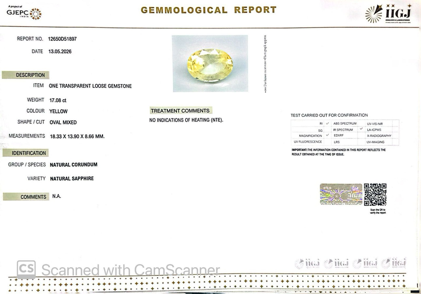 Natural Yellow Sapphire (Pukhraj) – Prosperity, Wisdom & Jupiter’s Blessing 17.08 CT