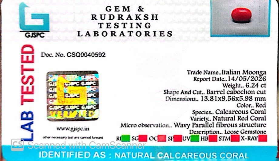 Natural Red Coral (Moonga) – Italy Origin – Certified & Untreated Gemstone for Mars Energy 6.24 CT