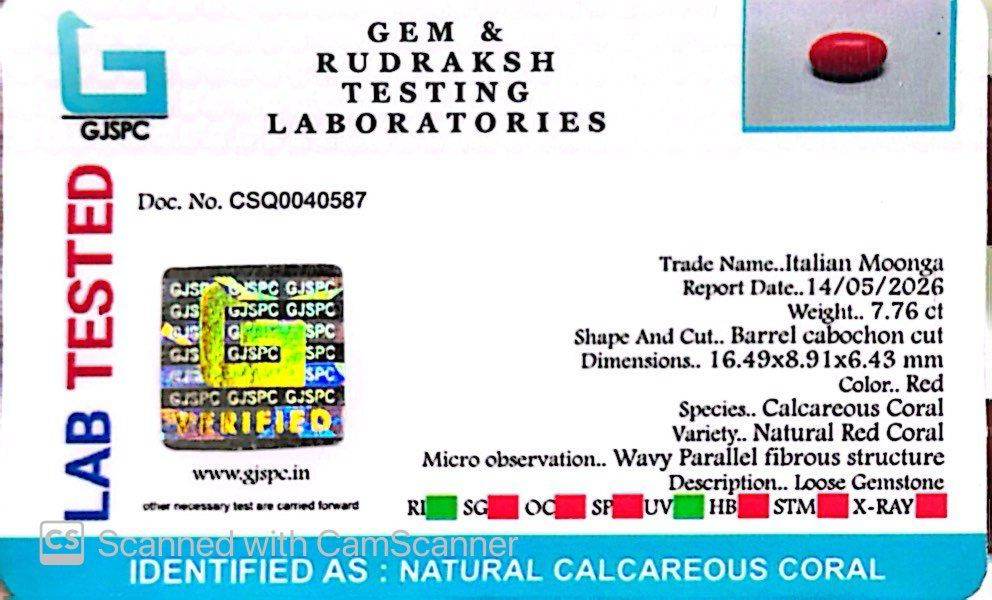 Natural Red Coral (Moonga) – Italy Origin – Certified & Untreated Gemstone for Mars Energy 7.76 CT