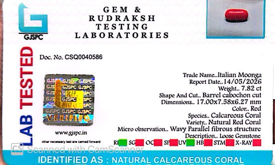 Natural Red Coral (Moonga) – Italy Origin – Certified & Untreated Gemstone for Mars Energy 7.82 CT