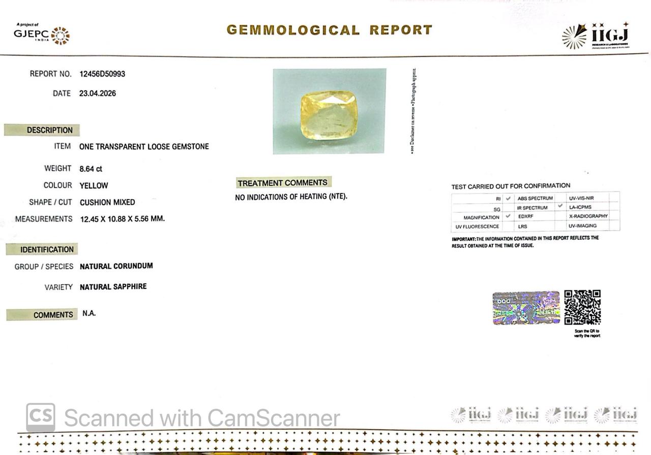 Natural Yellow Sapphire (Pukhraj) – Prosperity, Wisdom & Jupiter’s Blessing 8.64 CT
