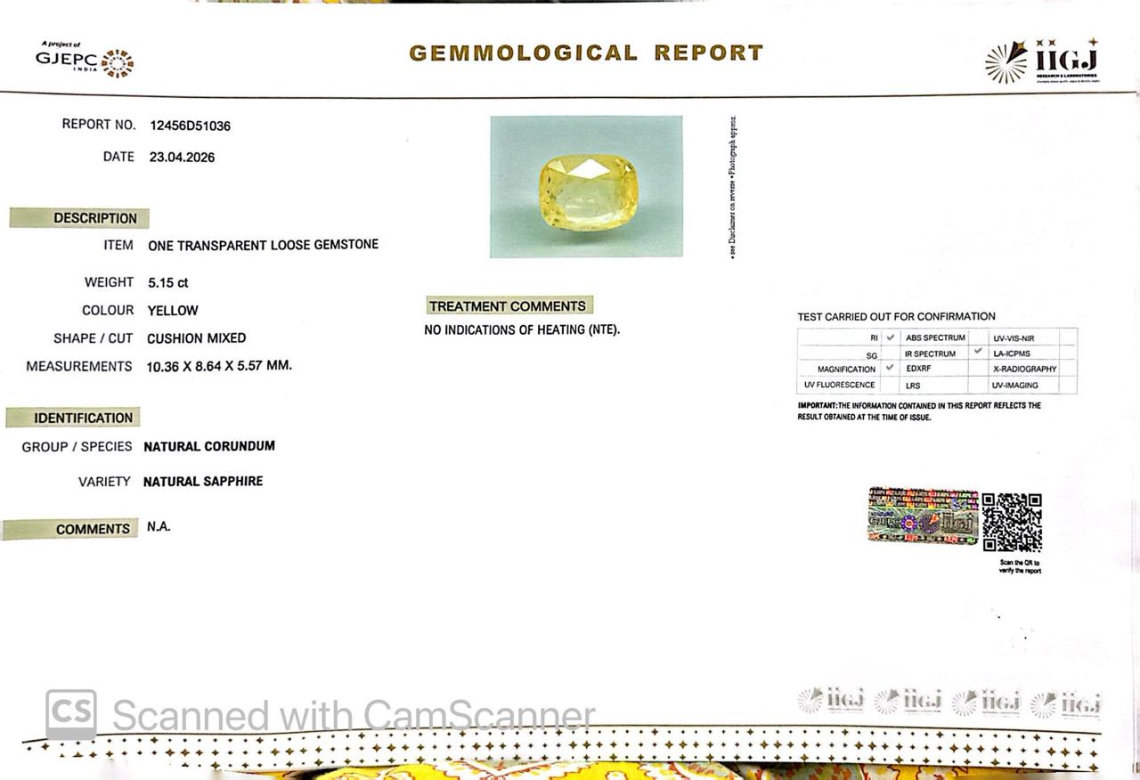 Natural Yellow Sapphire (Pukhraj) – Prosperity, Wisdom & Jupiter’s Blessing 5.15 CT