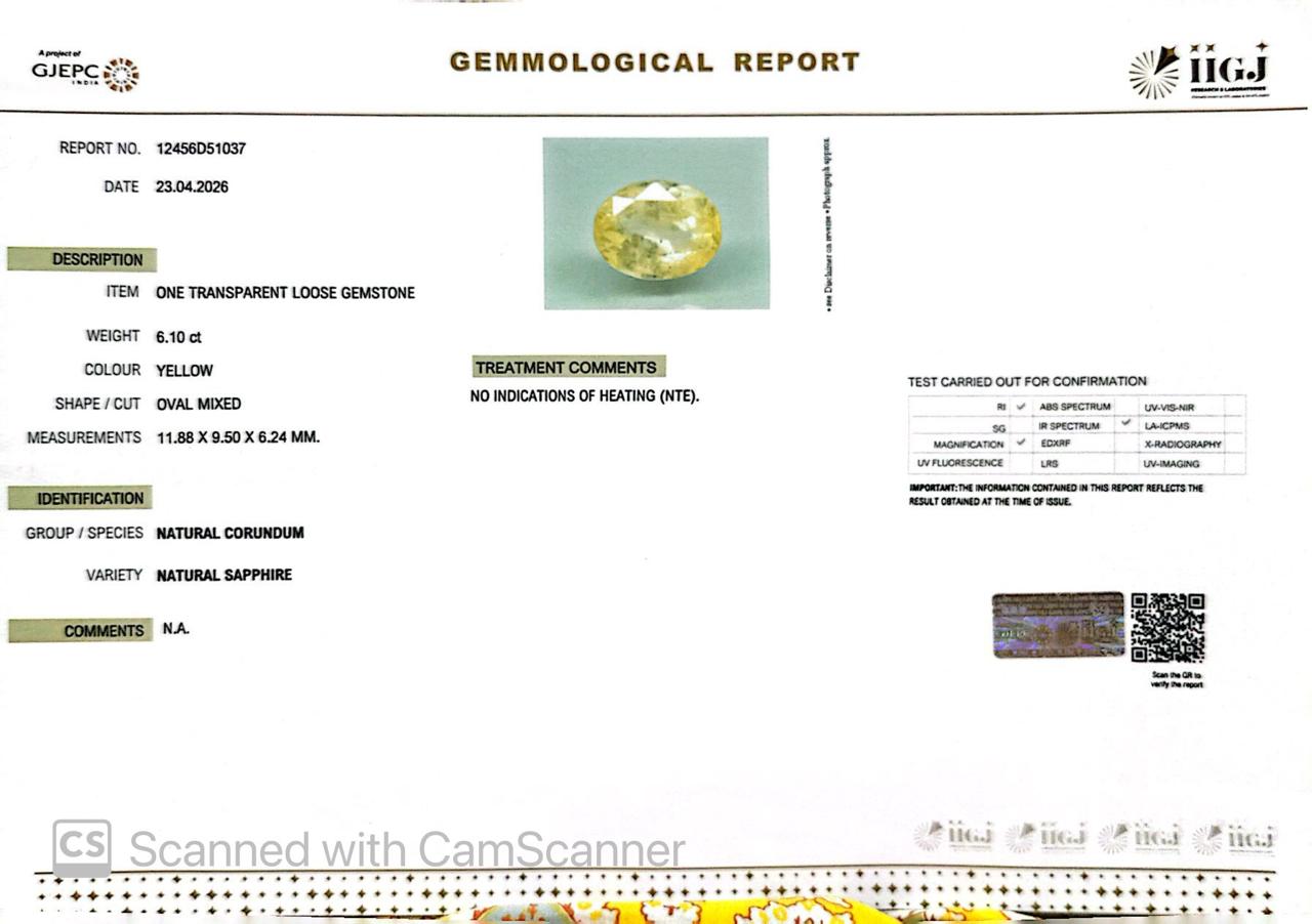 Natural Yellow Sapphire (Pukhraj) – Prosperity, Wisdom & Jupiter’s Blessing 6.10 CT