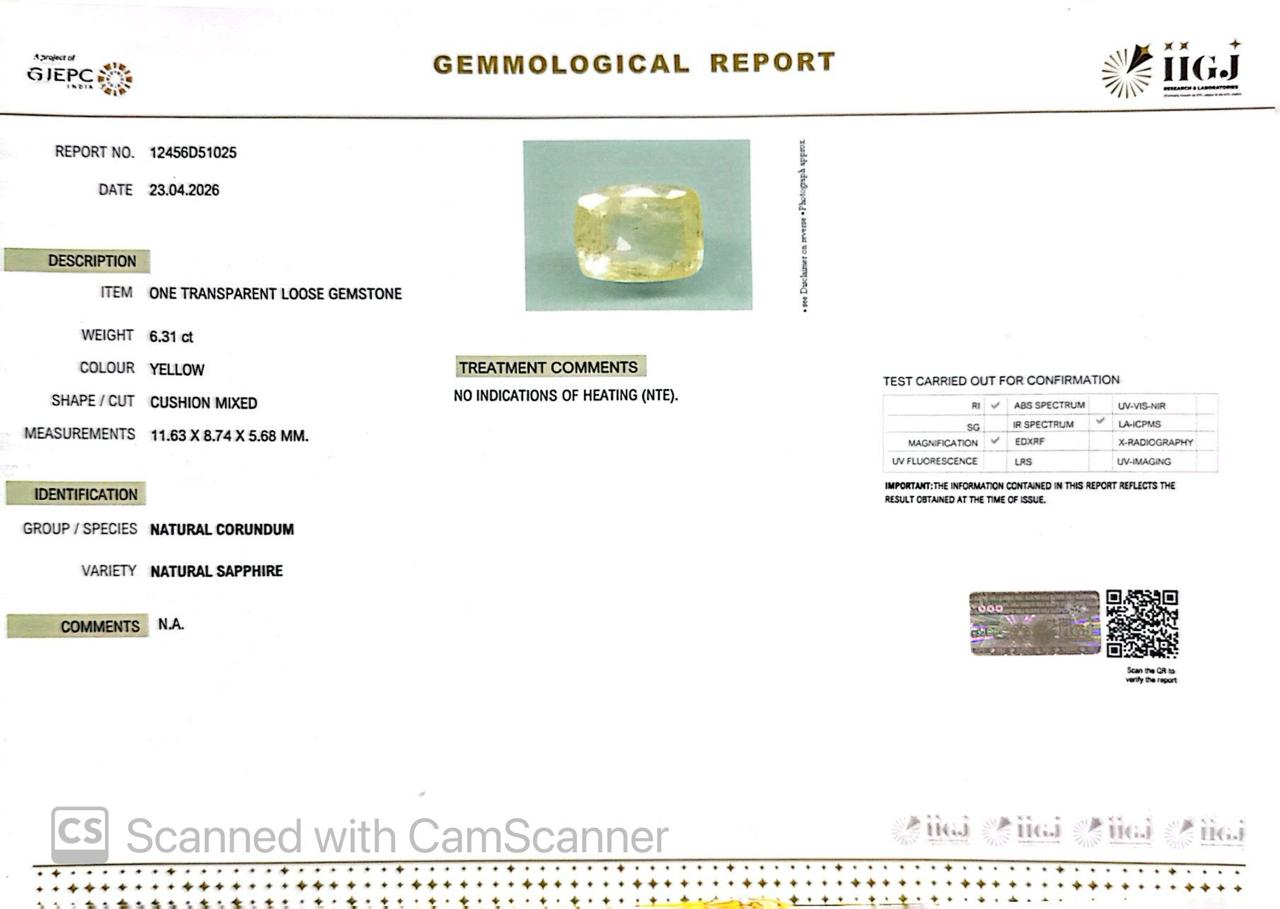 Natural Yellow Sapphire (Pukhraj) – Prosperity, Wisdom & Jupiter’s Blessing 6.31 CT