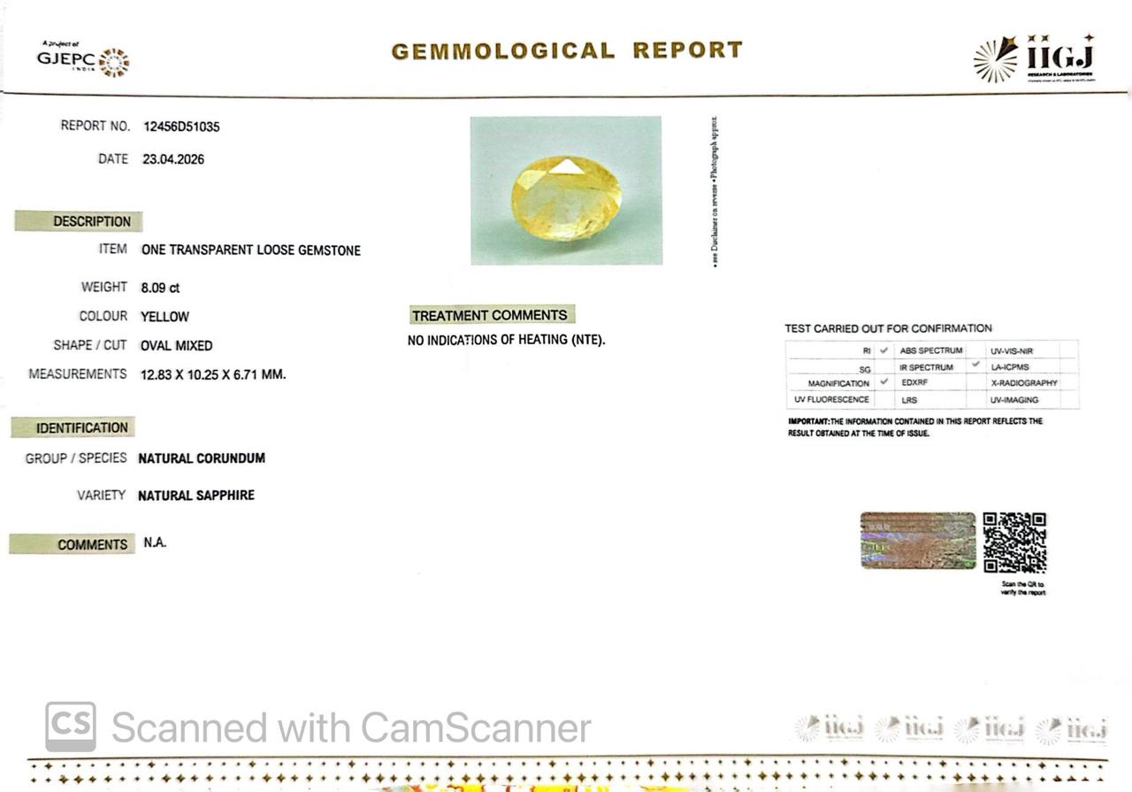 Natural Yellow Sapphire (Pukhraj) – Prosperity, Wisdom & Jupiter’s Blessing 8.09 CT