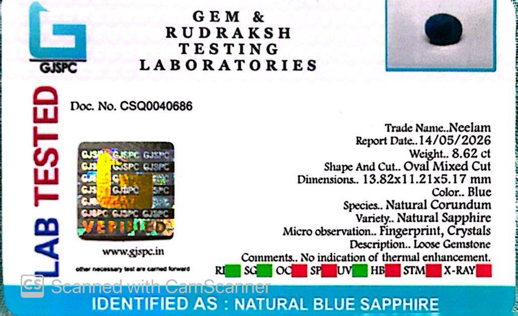 Indian Blue Sapphire Gemstones – Power, Protection & Planetary Precision 8.62 CT
