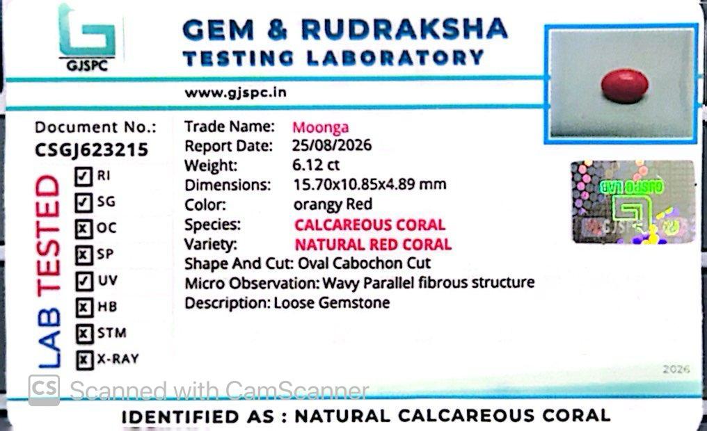 Red Natural Japanese Coral 6.12 Ct – Certified Gemstone