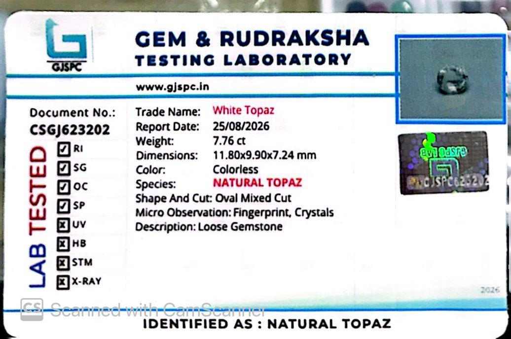 Natural White Topaz 7.76 Ct – Certified Gemstone