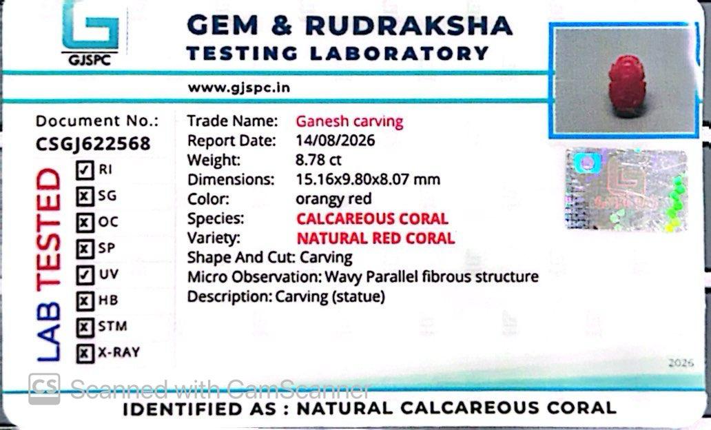 Coral Ganesh 8.78 CT – Certified Gemstone