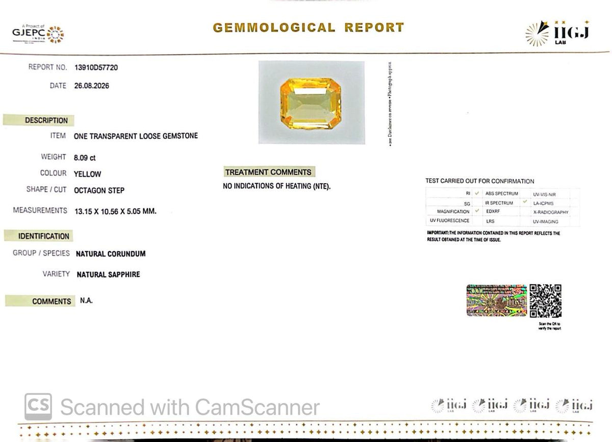 Natural Yellow Sapphire (Pukhraj) 8.09 CT - Certified