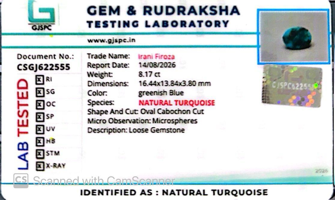 Natural Firoza (Turquoise) 8.17 CT – Certified Gemstone