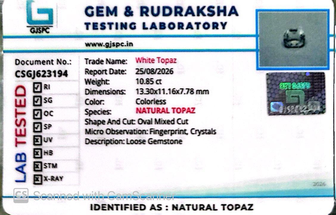 Natural White Topaz 10.85 Ct – Certified Gemstone
