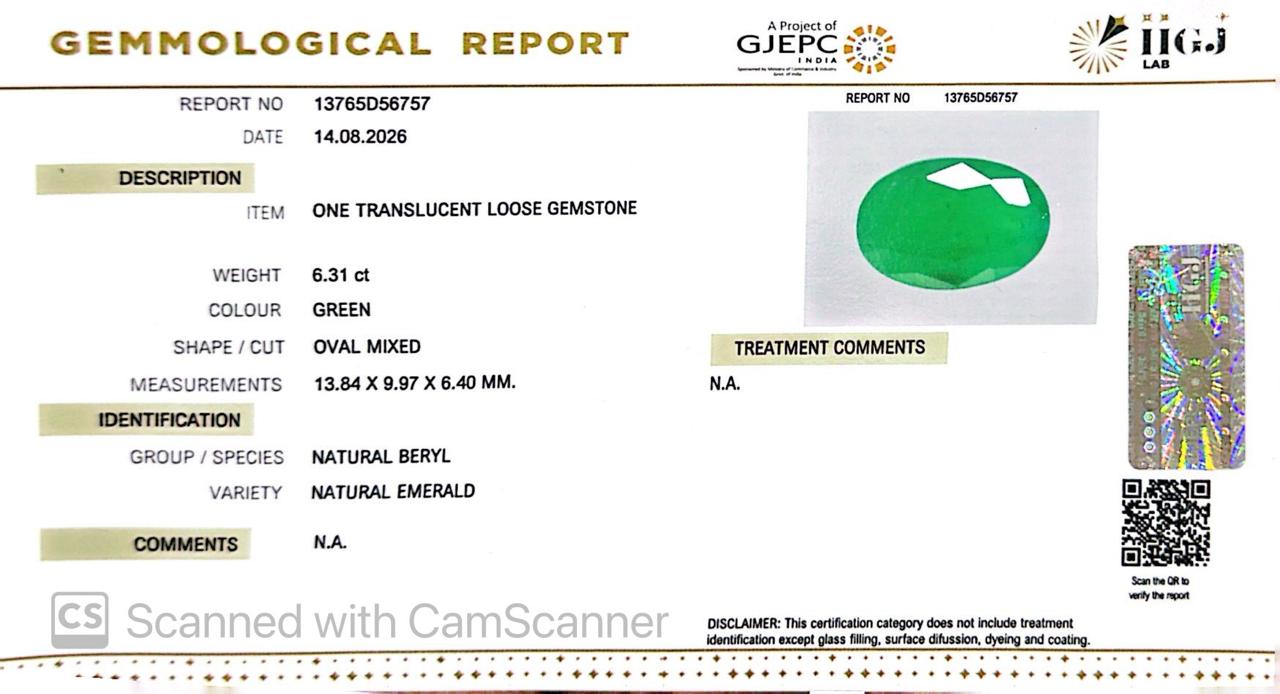 Natural Emerald (Panna) 6.31 Ct โ Certified Premium Gemstone