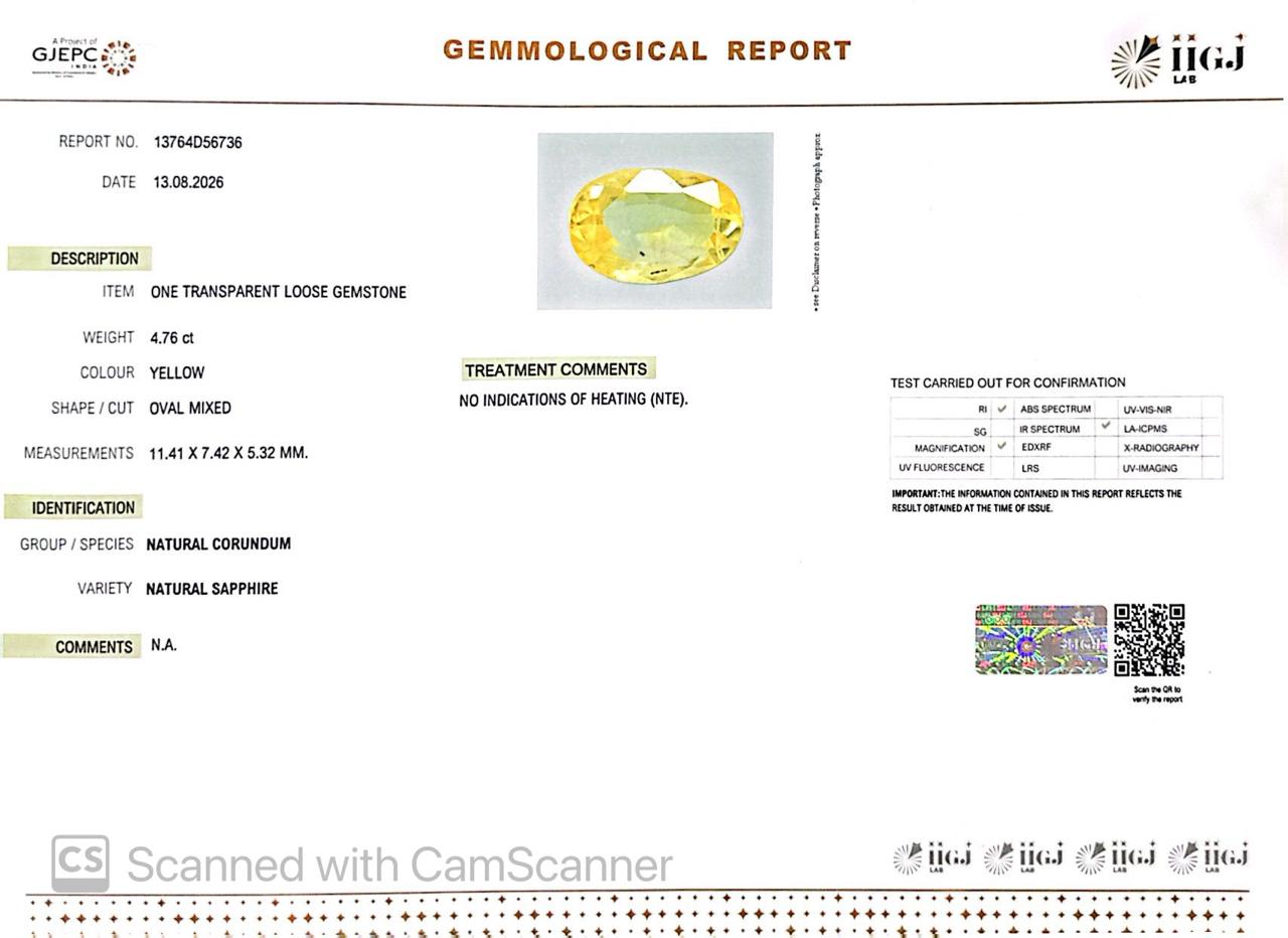 Natural Yellow Sapphire (Pukhraj) 4.76 CT - Certified