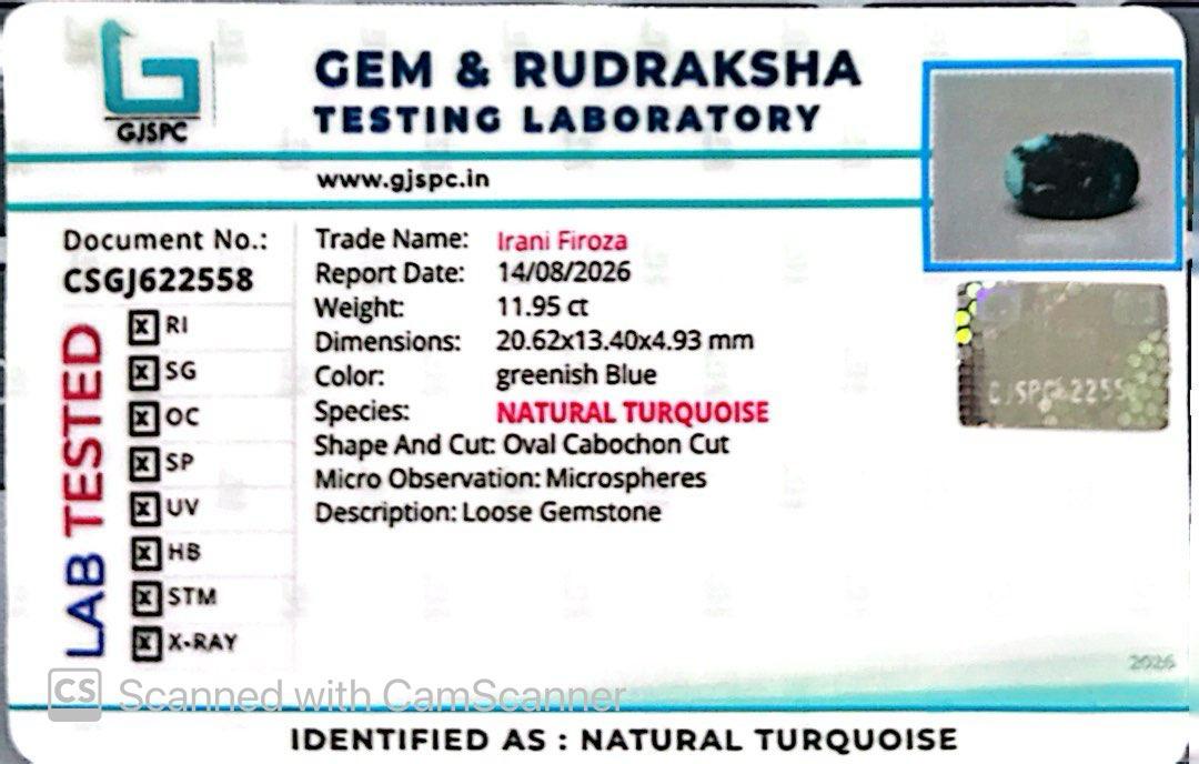 Natural Firoza (Turquoise) 11.95 CT – Certified Gemstone
