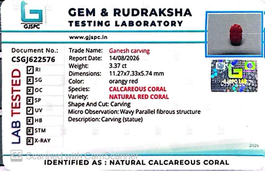 Coral Ganesh 3.37 CT – Certified Gemstone