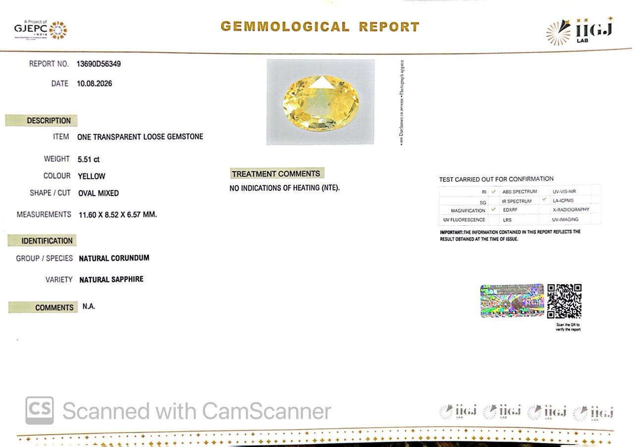 Natural Yellow Sapphire (Pukhraj) 5.51 CT - Certified