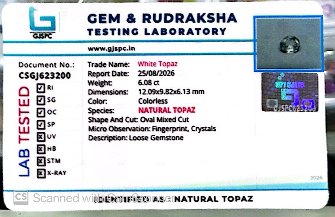 Natural White Topaz 6.08 Ct – Certified Gemstone