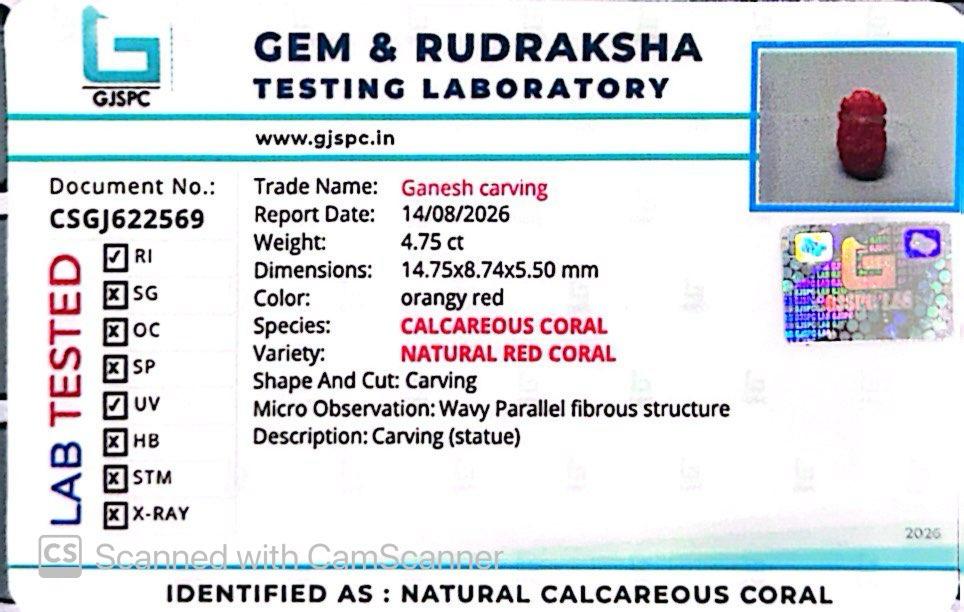 Coral Ganesh 4.75 CT – Certified Gemstone