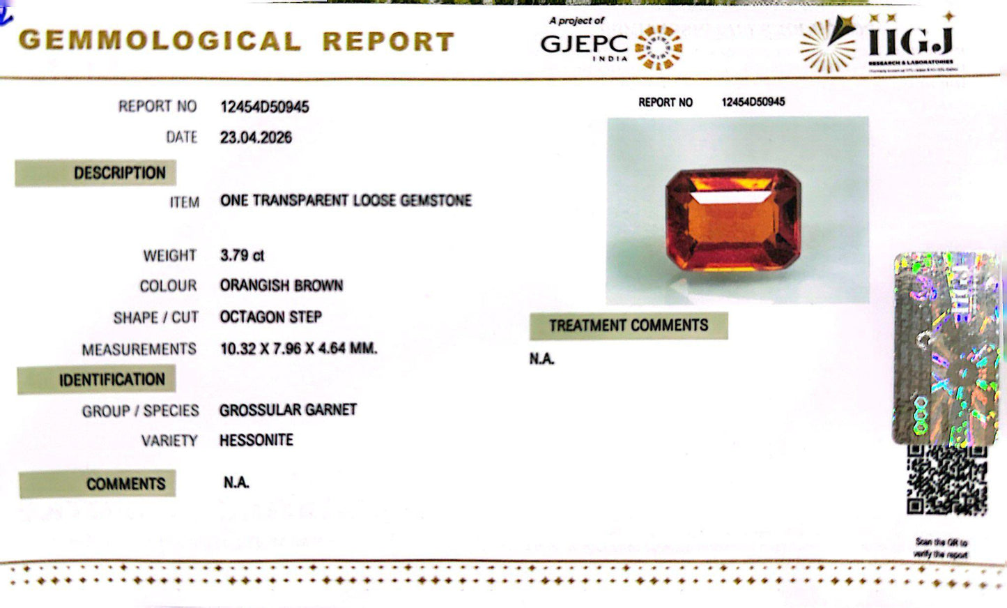 Siloni Gomed Gemstone – Natural Hessonite for Rahu Protection & Success 3.79 CT