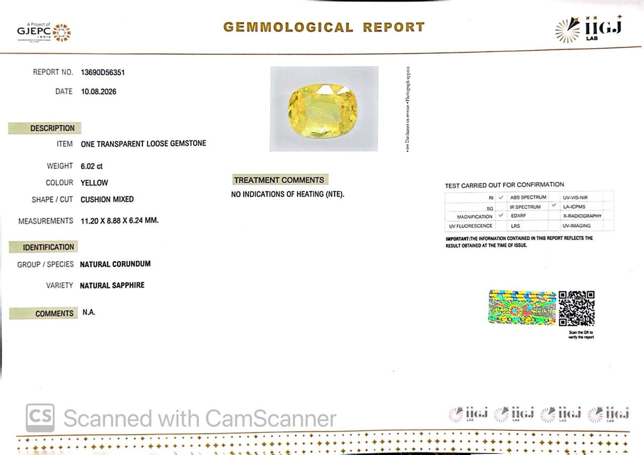 Natural Yellow Sapphire (Pukhraj) 6.02 CT - Certified