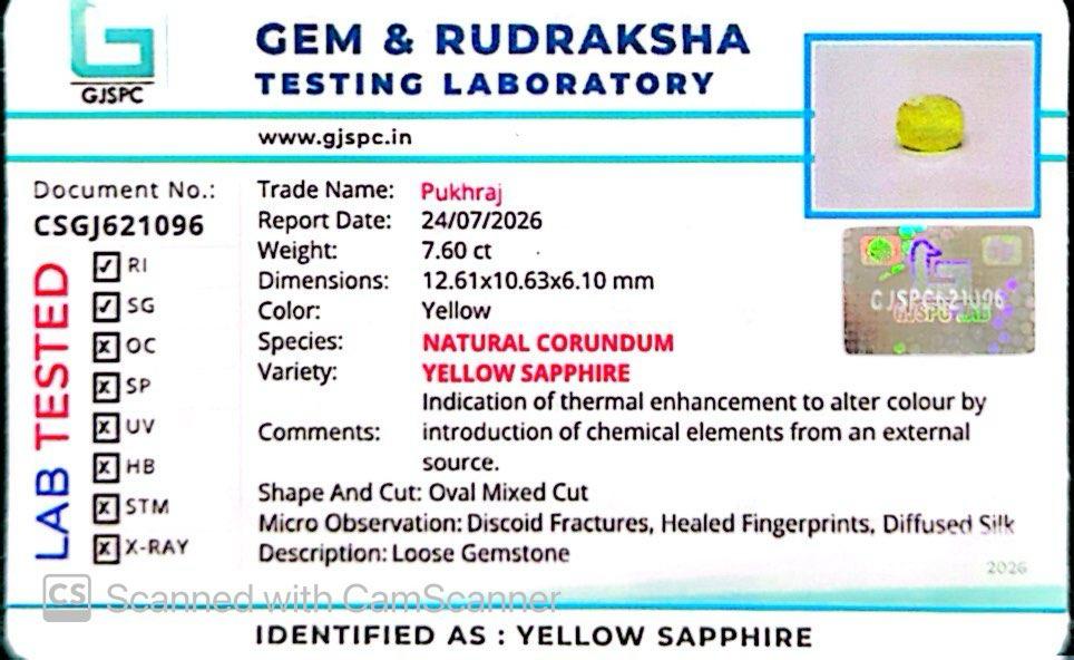 Natural Yellow Sapphire (Thailand) – Prosperity, Wisdom & Jupiter’s Blessing 7.60 CT