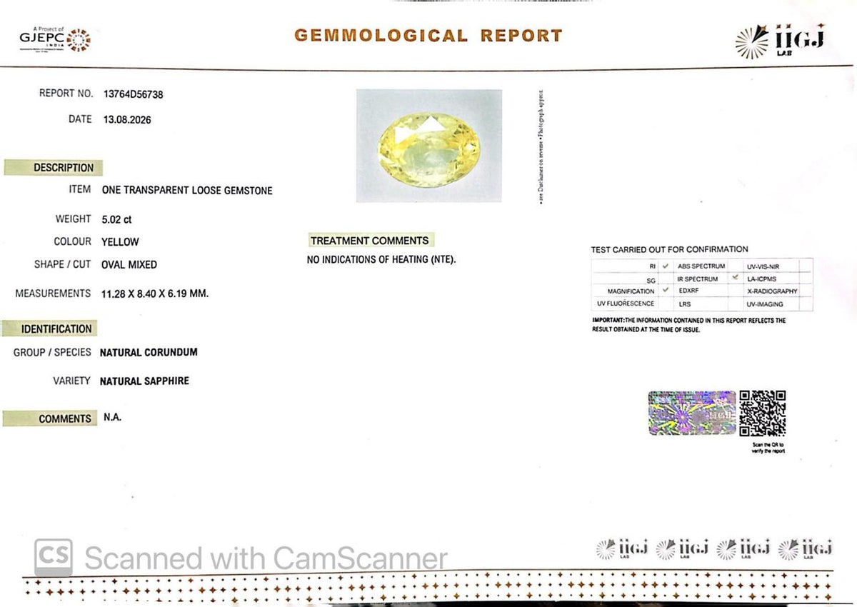 Natural Yellow Sapphire (Pukhraj) 5.02 CT - Certified