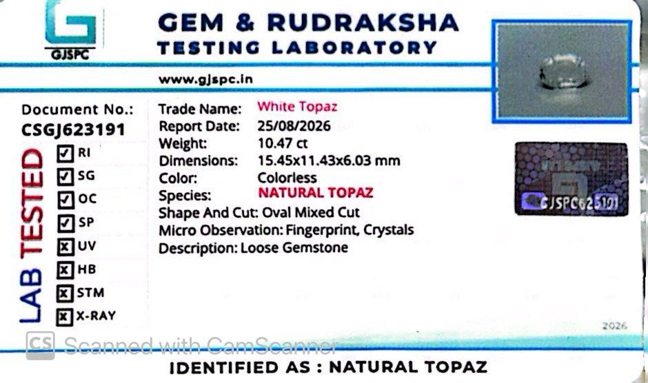 Natural White Topaz 10.47 Ct – Certified Gemstone