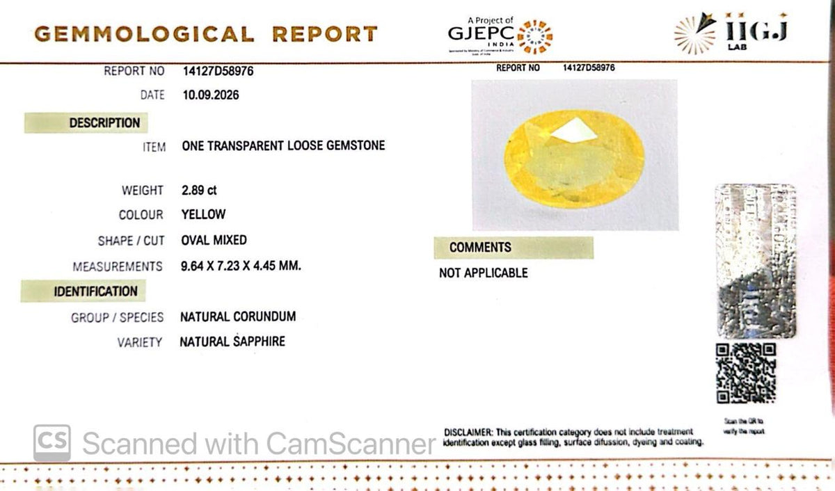 Natural Bangkok Yellow Sapphire (Pukhraj) 2.89 Ct – Certified Gemstone