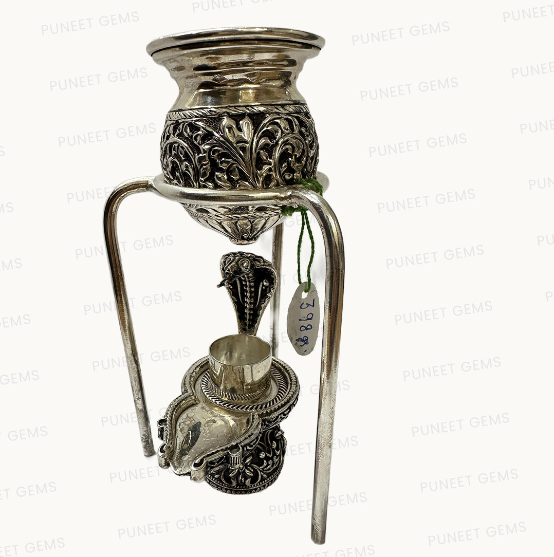 Pure Silver Shivling Abhishek Stand with Kalash – Sacred Set for Divine Worship & Blessings 404 gm