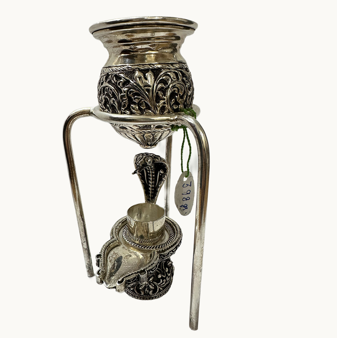 Pure Silver Shivling Abhishek Stand with Kalash – Sacred Set for Divine Worship & Blessings 404 gm