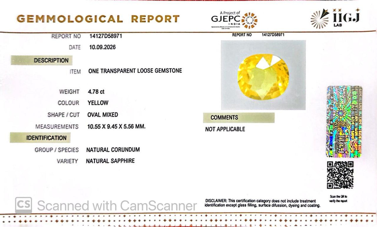 Natural Bangkok Yellow Sapphire (Pukhraj) 4.78 Ct – Certified Gemstone