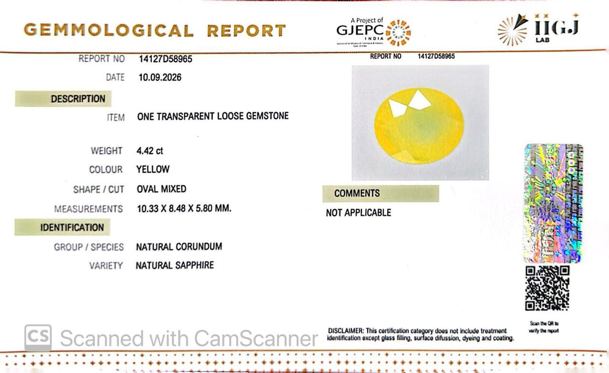 Natural Bangkok Yellow Sapphire (Pukhraj) 4.42 Ct – Certified Gemstone