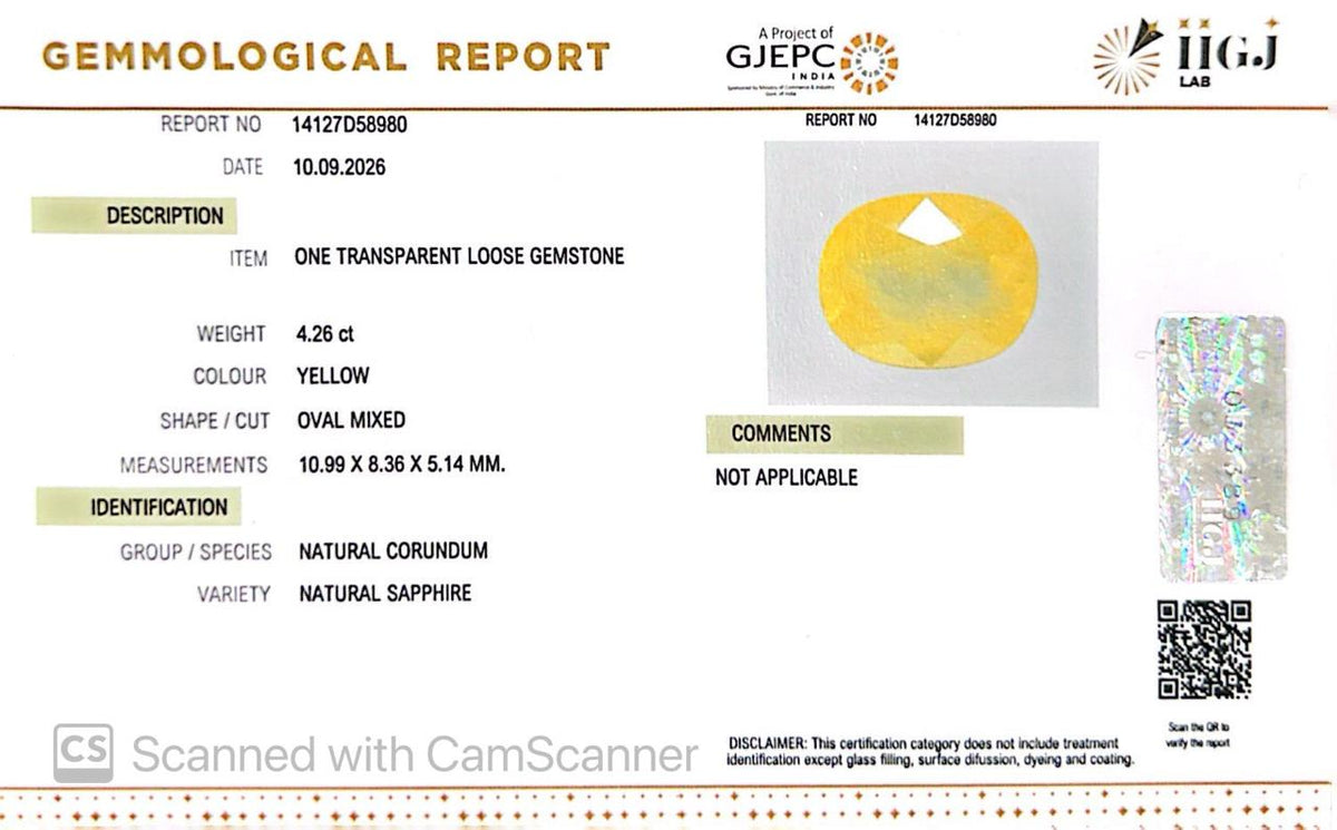 Natural Bangkok Yellow Sapphire (Pukhraj) 4.26 Ct – Certified Gemstone