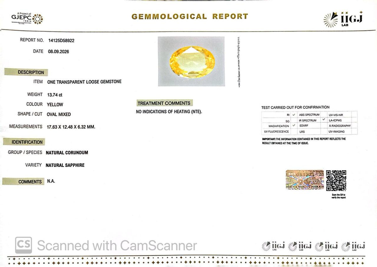 Natural Yellow Sapphire (Pukhraj) 13.74 Ct – Certified Premium Gemstone