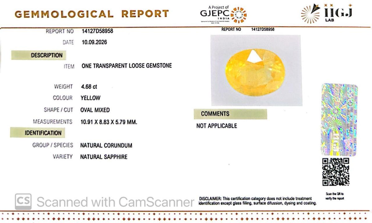 Natural Bangkok Yellow Sapphire (Pukhraj) 4.68 Ct – Certified Gemstone