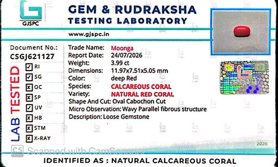 Natural Red Coral (Moonga) – Italy Origin – Certified & Untreated Gemstone for Mars Energy 3.99 CT